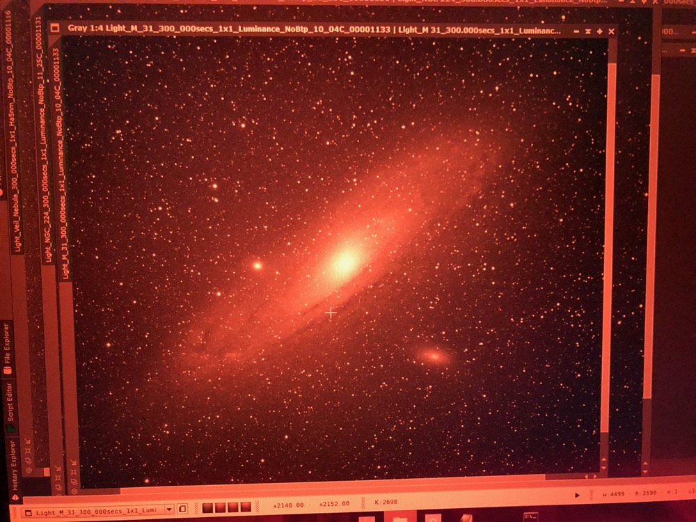 First light with the new imaging rig.  A five minute Luminance frame of M31, unguided